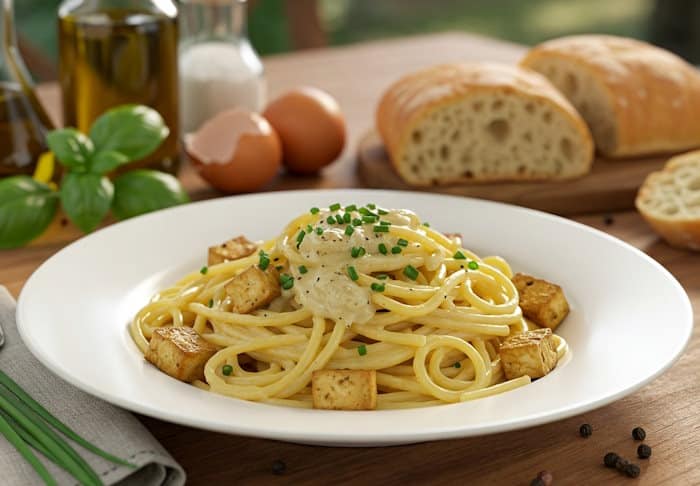 Spaghetti Carbonara vegetarisch (bestes Rezept) 4 Vegetarische Spaghetti Carbonara mit Räuchertofu und zerflossener Mozzarella oben drauf garniert mit Schnittlauch und serviert mit Ciabatta-Bort.