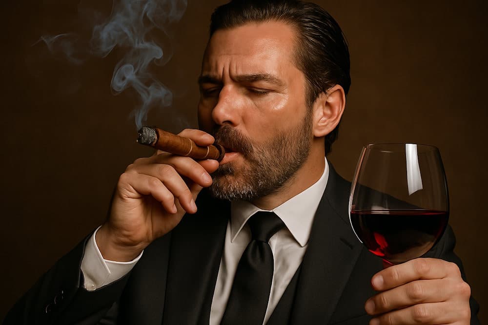 Mann raucht Zigarre und trinkt Rotwein