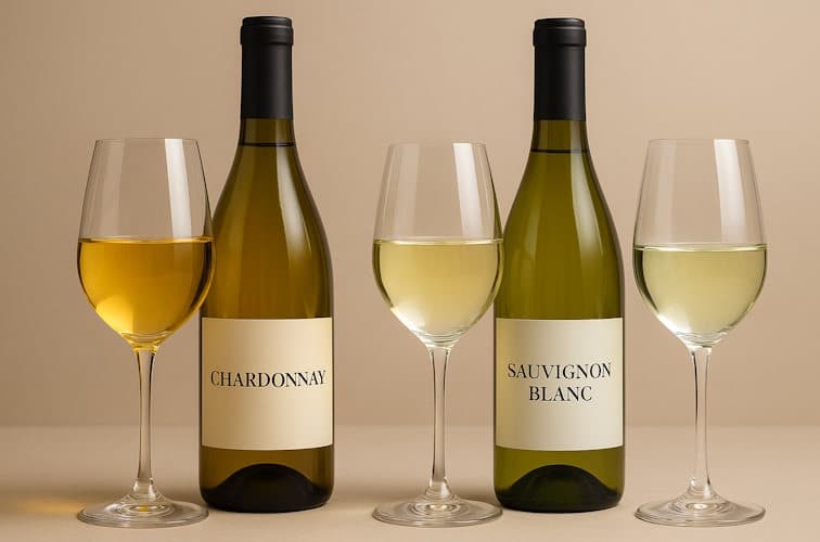 Chardonnay oder Sauvignon Blanc: Zwei Weißweine im Vergleich 3 Chardonnay vs. Sauvignon Blanc im Vergleich mit Weingläsern dabei und zwei Flaschen