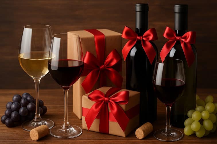 9 sehr gute Weine zum Verschenken aus Italien 4 Wein zum Verschenken mit Schleifen und als Paket verpackt, daneben Weingläser und Trauben