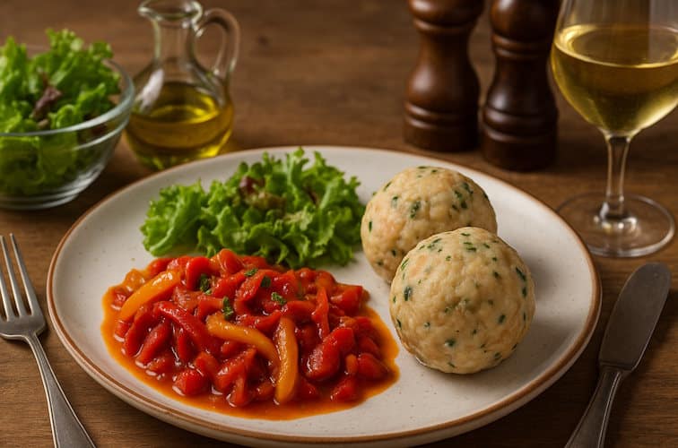 Semmelknödel mit Peperonata (Paprika-Gemüse) und Salat als Beilage