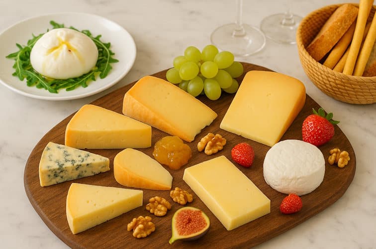 Wein und Käseabend Beitragsbild mit Käseplatte und Früchten sowie Burrata