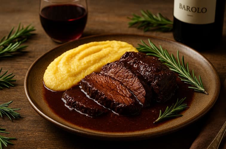 Brasato al Barolo – Piemonteser Schmorbraten mit Tiefe und Eleganz 5 Brasato di Barolo mit Polenta und einem edlen Barolo Wein als Begleitung.
