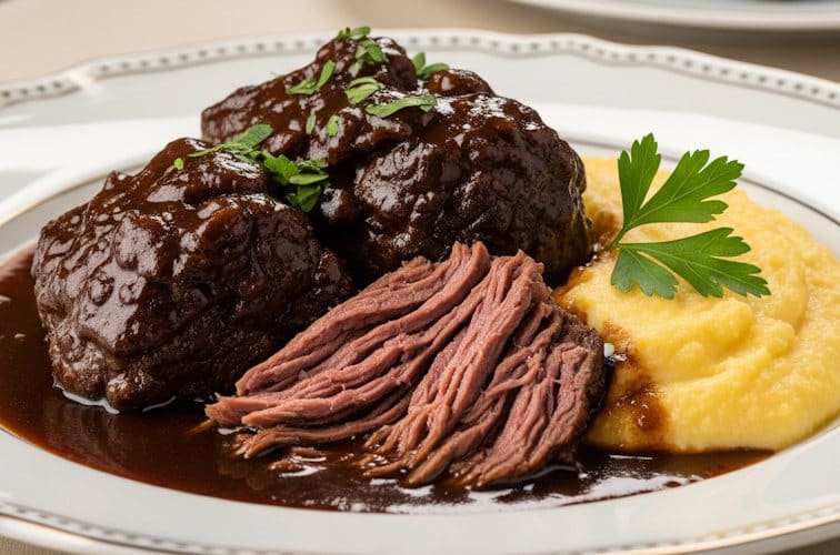 Brasato al Barolo – Piemonteser Schmorbraten mit Tiefe und Eleganz 3 Brasato di Barolo traditionell mit Polenta als Beilage serviert