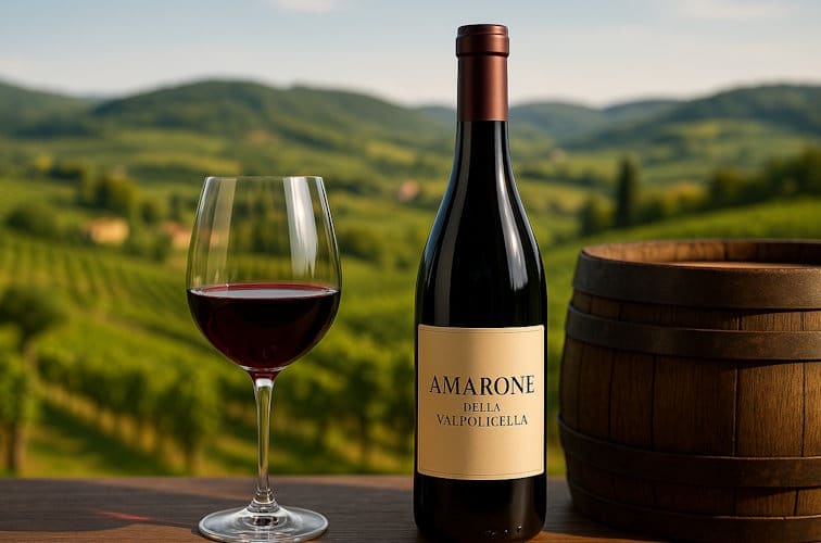 Amarone Wein mit Rotweinglas daneben und Weinfass im Valpolicella-Gebiet