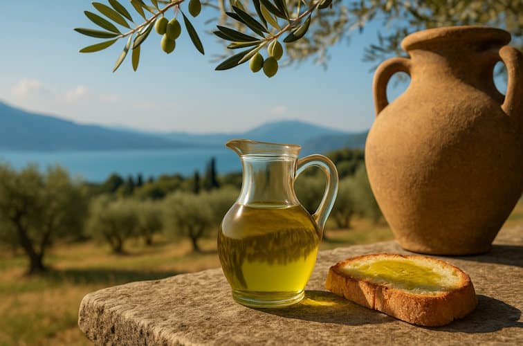 Olivenölkrug und Ciabatta am Gardasee-Ufer mit Garda DOP Olivenöl