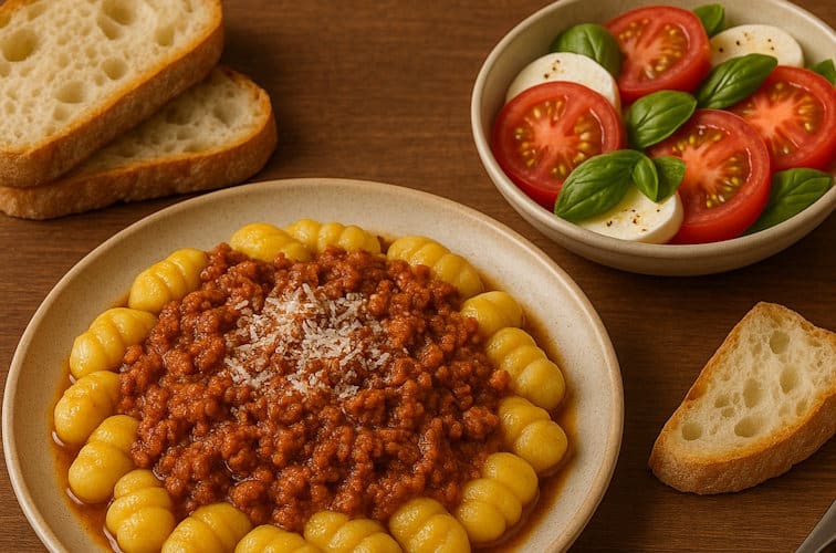 Gnocchi mit Ragù alla Bolognese mit Caprese-Salat als Beilage