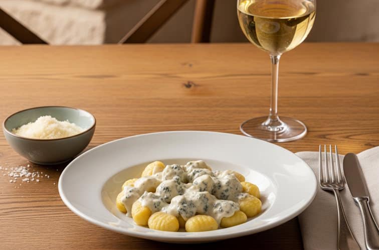 Gnocchi mit Gorgonzola-Sauce und Parmesan sowie einem Glas Weißwein