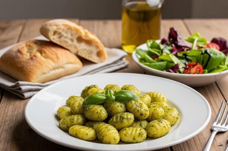 Gnocchi mit Pesto Genovese und als Beilage ein Insalata Mista und Ciabatta-Brot