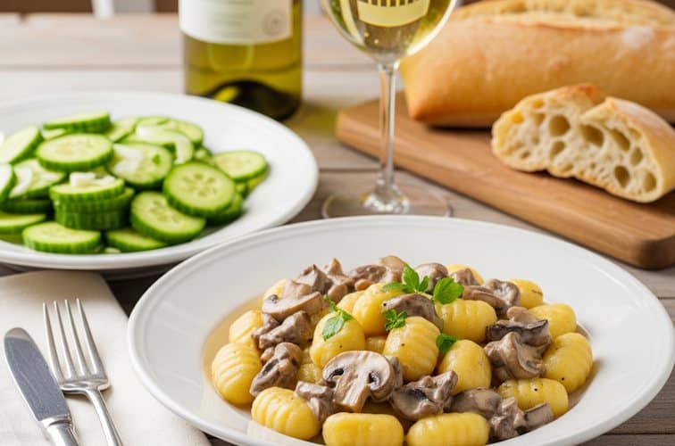 Gnocchi mit Pilz-Rahm-Soße und Beilagen