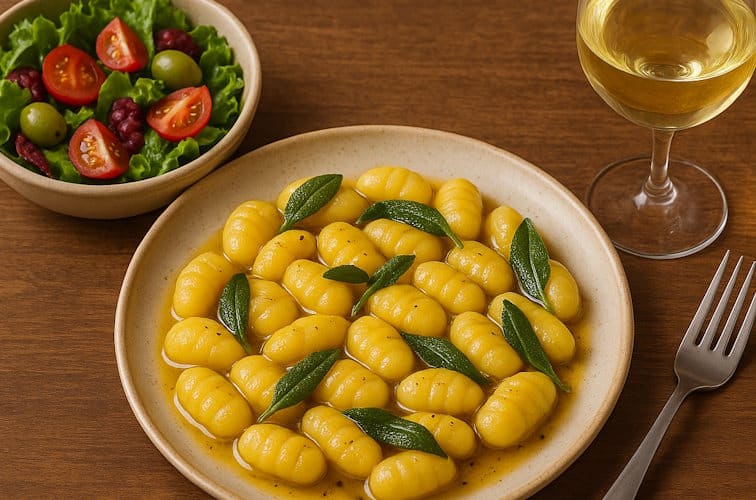 Gnocchi mit Salbei und Butter als Beilage ein gemischter Salat und Weisswein