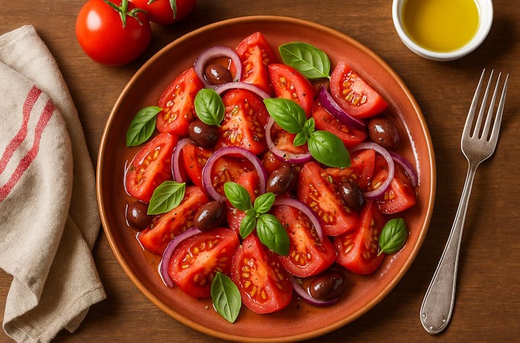Insalata di Pomodoro auf sizilianische Art mit viel roten Zwiebeln und Basilikum