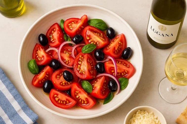 Sizilianischer Tomatensalat mit Lugana Wein serviert