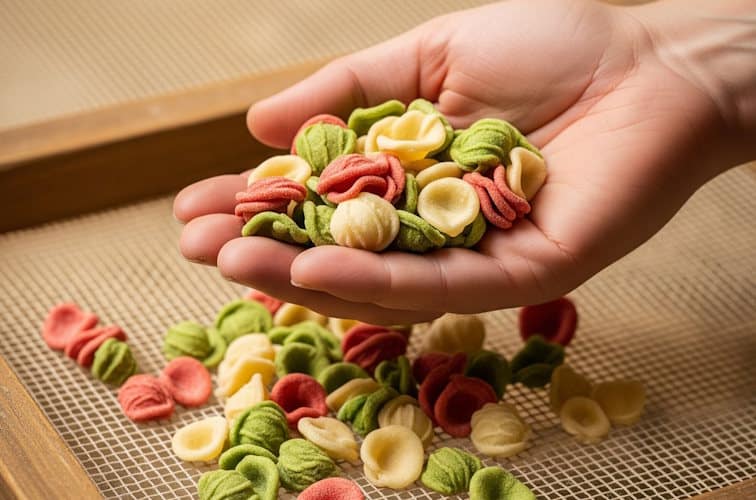 Es gibt sie in allen Farben - hier frische "Tricolore"-Orecchiette auf einem Holzrahmen in der Strada Arco Basso