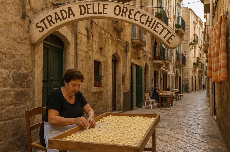 Strada delle Orecchiette in Bari am Morgen mit einer Nudelfrau, die frische Öhrchennudeln herstellt