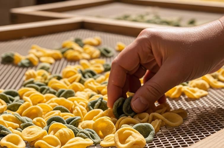 Ein Stand in der Strada delle Orecchiette in Bari mit frischer Pasta auf einem Holzrahmen