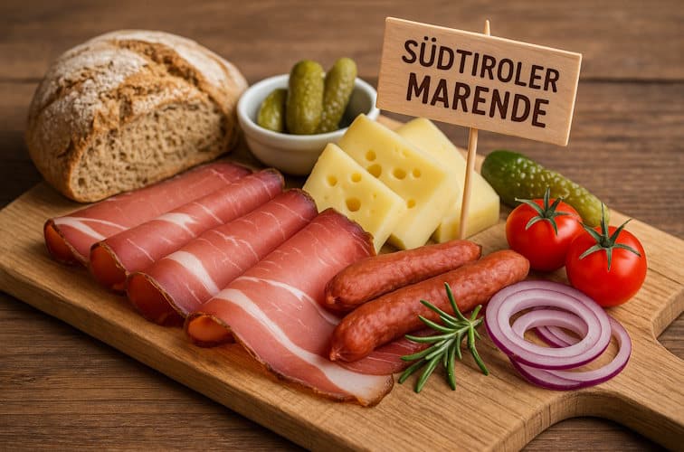 Südtiroler Marende serviert am Holzbrett mit Vinschgerl und Südtiroler Speck sowie Gurken und Zwiebeln
