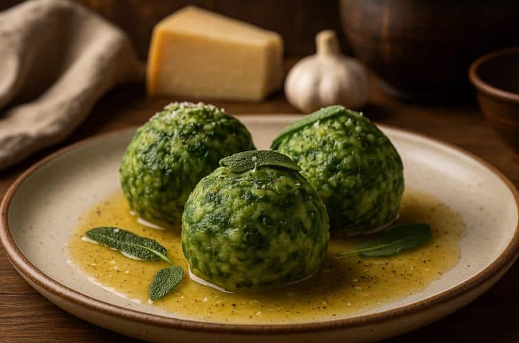 Saucen für Knödeln Titelbild mit Spinatknödeln und Salbei-Butter-Sauce