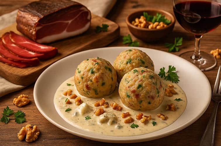 Saucen zu Knödeln – der unterschätzte Hauptdarsteller der Südtiroler Küche 8 Südtiroler Speckknödel mit cremiger Walnuss-Gorgonzola-Sauce und Rotwein serviert