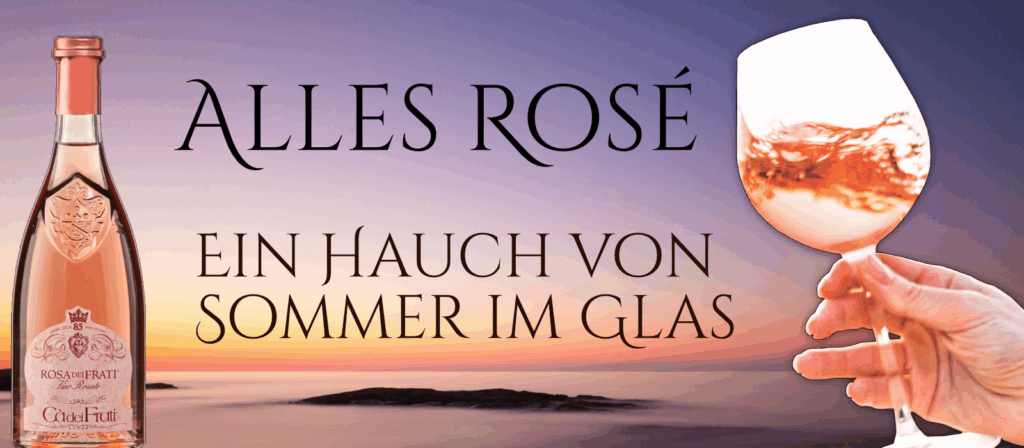 Alles Rosé - Sommerliche Roséweine online kaufen & genießen 2024 1 Roséwein-Flasche und gefülltes Weinglas vor Sonnenuntergang mit dem Text: 'Alles Rosé – Ein Hauch von Sommer im Glas